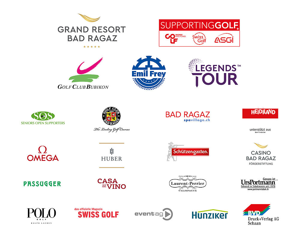 Eine Sammlung verschiedener Logos, darunter „Grand Resort Bad Ragaz“, „Supporting Golf“, „Legends Tour“ und andere, dargestellt auf einem weißen Hintergrund.